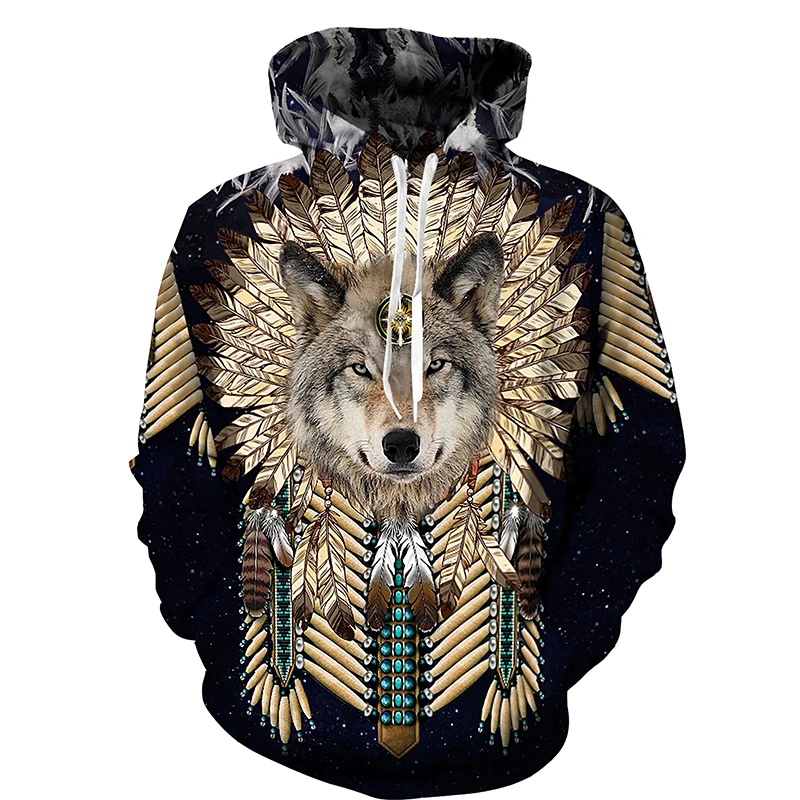 

New Men's and Women's Retro 3d Indian Tribal Totem Wolf Eagle Print Hooded Sweatshirt Fashion Hip-hop Casual Oversized Hoodie