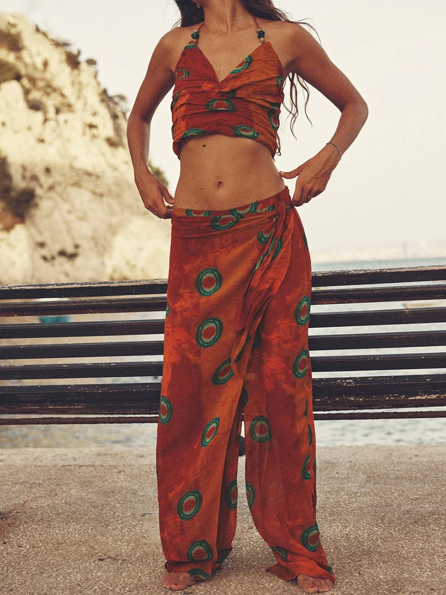 Chic Print 2 Piece Sets Women Lace-up Halter Pleat Camisole Irregular Wide Leg Long Pants Suits Streetwear Casual Outfits Female
Chic Print 2 Piece Sets Women Lace-up Halter Pleat Camisole Irregular Wide Leg Long Pants Suits Streetwear Casual Outfits Female