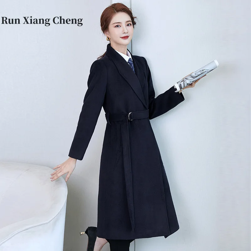 Женское шерстяное пальто с поясом и длинным рукавом, Осень-зима 
Женское шерстяное пальто с поясом и длинным рукавом, Осень-зима