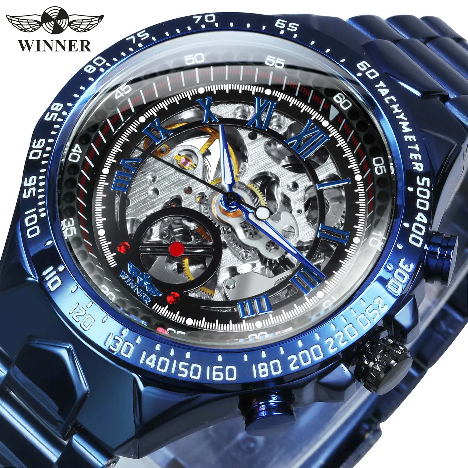WINNER Navy Automatic Mechanical Skeleton Watch for Men Luminous Hands Fashion Blue Stainless Steel Strap Luxury Mens Watches
WINNER Navy Automatic Mechanical Skeleton Watch for Men Luminous Hands Fashion Blue Stainless Steel Strap Luxury Mens Watches