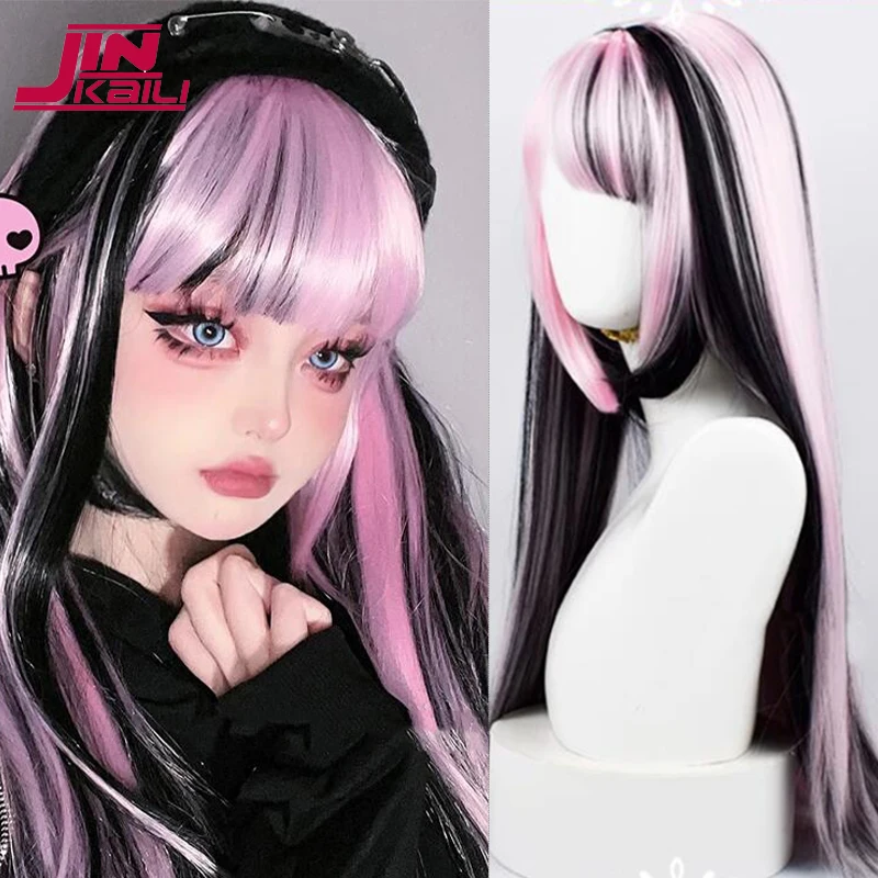 

JINKAILI Synthetic Long Straight Cosplay Wig With Bang Pink Gradient Cute Lolita Wig Women Halloween Cosplay Wig Female