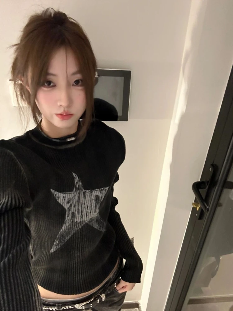 

Y2K винтажный вязаный свитер со звездами для женщин Harajuku гранж черный тонкий укороченный пуловер корейский Повседневный джемпер Fairycore Kpop
