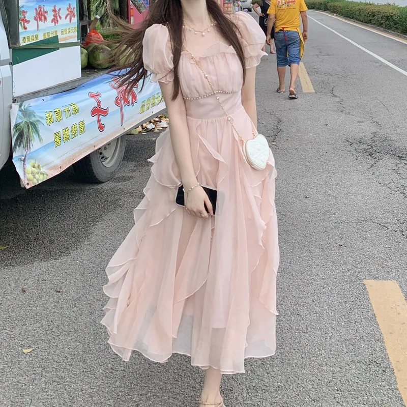 Elegant New In Dresses Pretty Women's Summer Dress Pink Bubble Sleeve French Sweet Little Fairy Ruffles Edge Long White Dress
Elegant New In Dresses Pretty Women's Summer Dress Pink Bubble Sleeve French Sweet Little Fairy Ruffles Edge Long White Dress