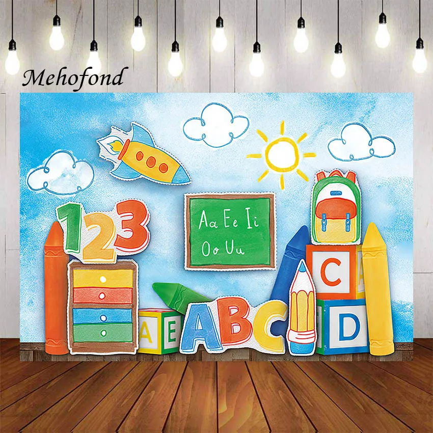 

Фон для фотосъемки Mehofond с изображением голубого неба белого облака обратно в школу ABC доска Декор для детского дня рождения фон для фотостудии