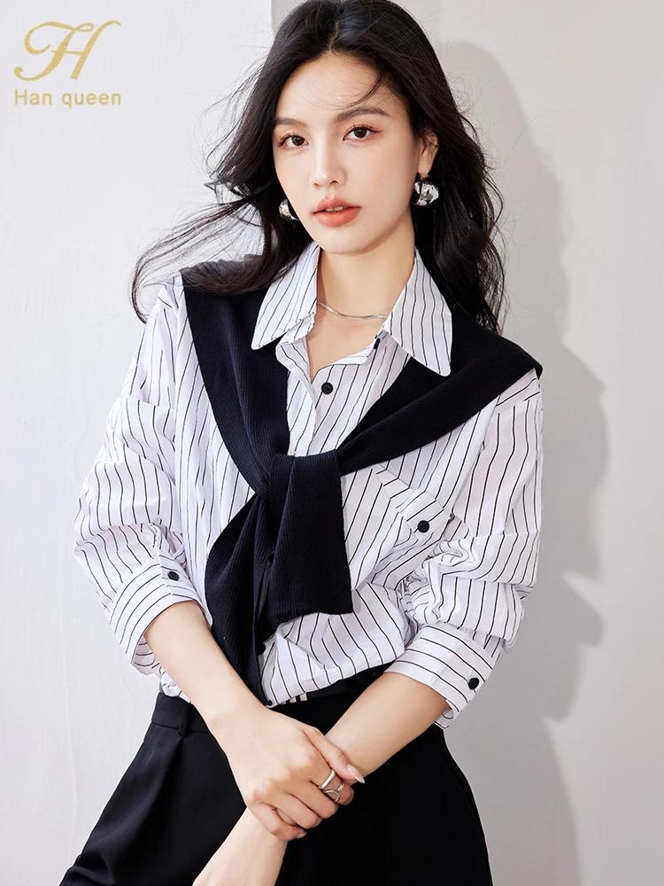 H Han Queen 2023 New Arrival Shawl Stripe Womens Blouse Vintage Work Casual Tops Chiffon Blouse Elegant Chic Loose Pocket Shirts
H Han Queen 2023 New Arrival Shawl Stripe Womens Blouse Vintage Work Casual Tops Chiffon Blouse Elegant Chic Loose Pocket Shirts