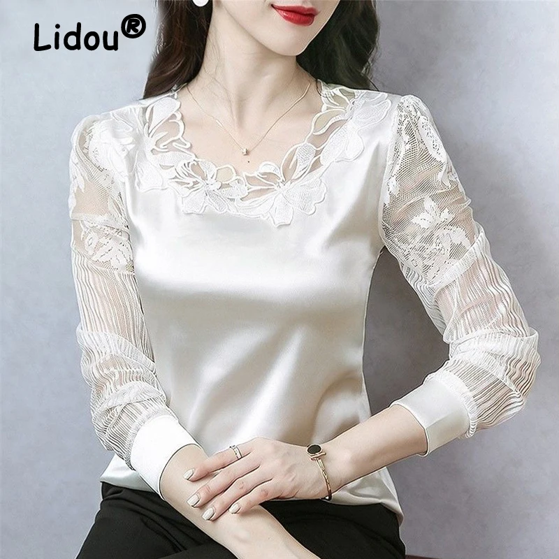 Satin Elegant Chic Sexy Lace Mesh Patchwork Commute Office Lady Shirt Spring Summer Fashion Women Solid Long Sleeve Tops Blouses
Satin Elegant Chic Sexy Lace Mesh Patchwork Commute Office Lady Shirt Spring Summer Fashion Women Solid Long Sleeve Tops Blouses