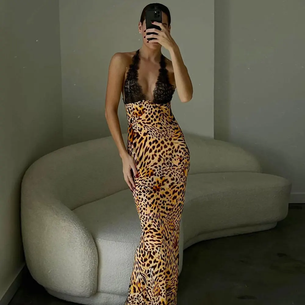 Lace Suspender Leopard Print Dress Sexy V-Neck Backless Women Summer Beach Holiday Temperament Slim Dress Female Long Vestido
Lace Suspender Leopard Print Dress Sexy V-Neck Backless Women Summer Beach Holiday Temperament Slim Dress Female Long Vestido