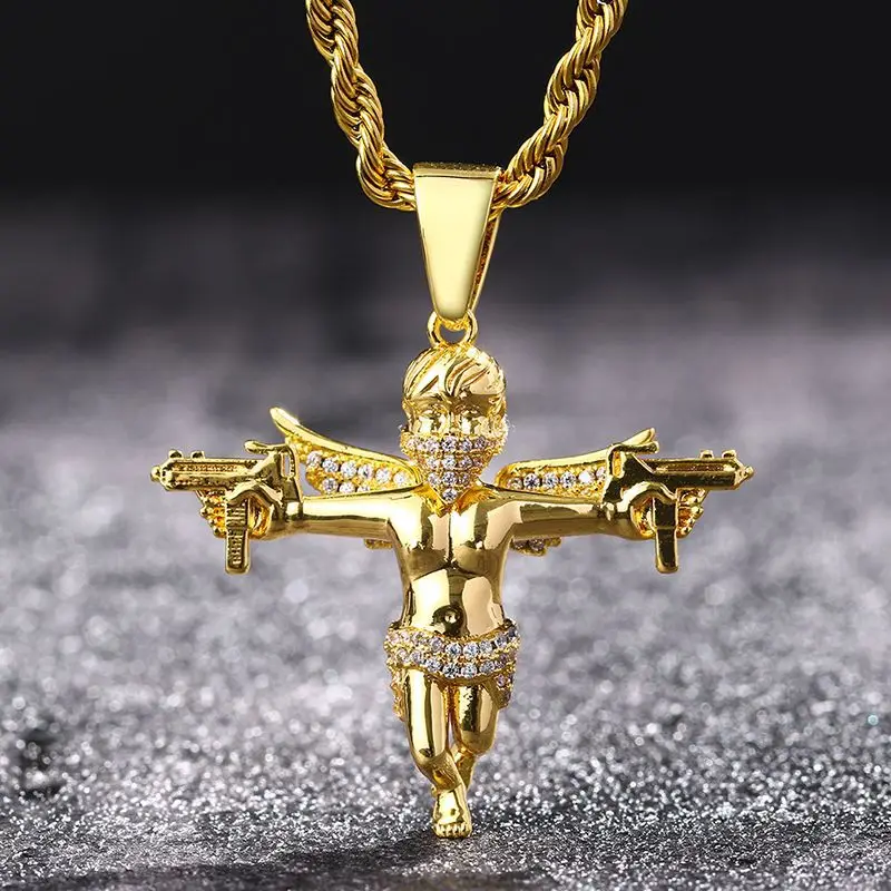 

Ожерелье мужское в стиле хип-хоп с фианитом, украшенное камнем 3А +, сверкающие кулоны с двойным пистолетом и ангелом, ювелирное изделие в стиле рэпера, цвет золото и серебро