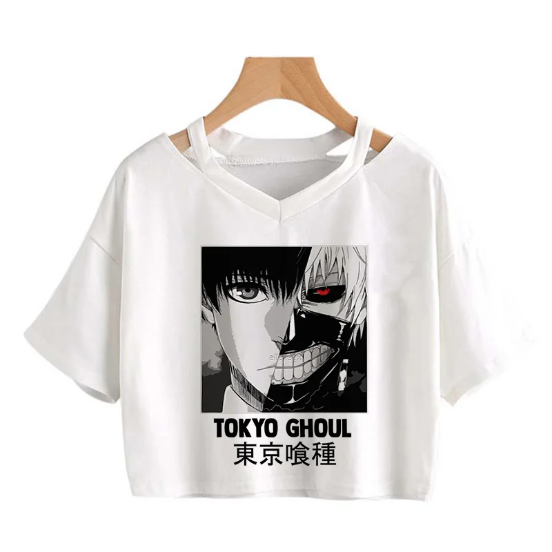 

Japanese Anime Tokyo Ghoul Black White Crop Tops Women Kaneki Ken Manga Y2k Tshirt Vintage T-shirt Goth T-Shirt Female camiseta