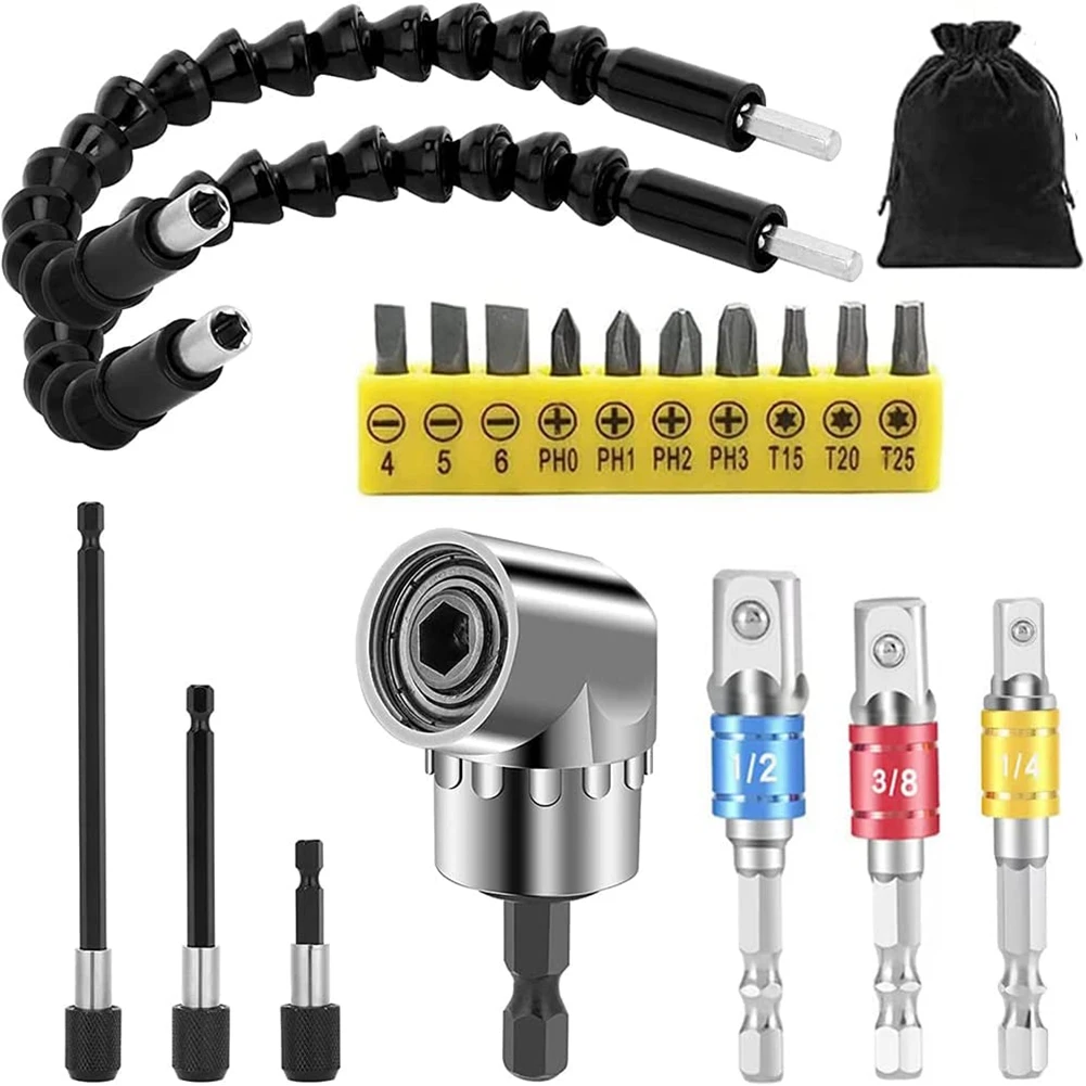 Flexible Drill Bit Extension Set,105° Right Angle Drill Bit Attachment,Drill Bit Holder Extension, Socket Adapter
Flexible Drill Bit Extension Set,105° Right Angle Drill Bit Attachment,Drill Bit Holder Extension, Socket Adapter