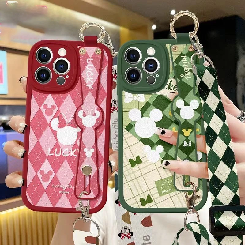 

Disney Mickey Lanyard and Wristband lattice Phone Cases For iPhone 14 13 12 11 Pro Max Mini XR X XS MAX 8 7 Plus Anti-fall Cover