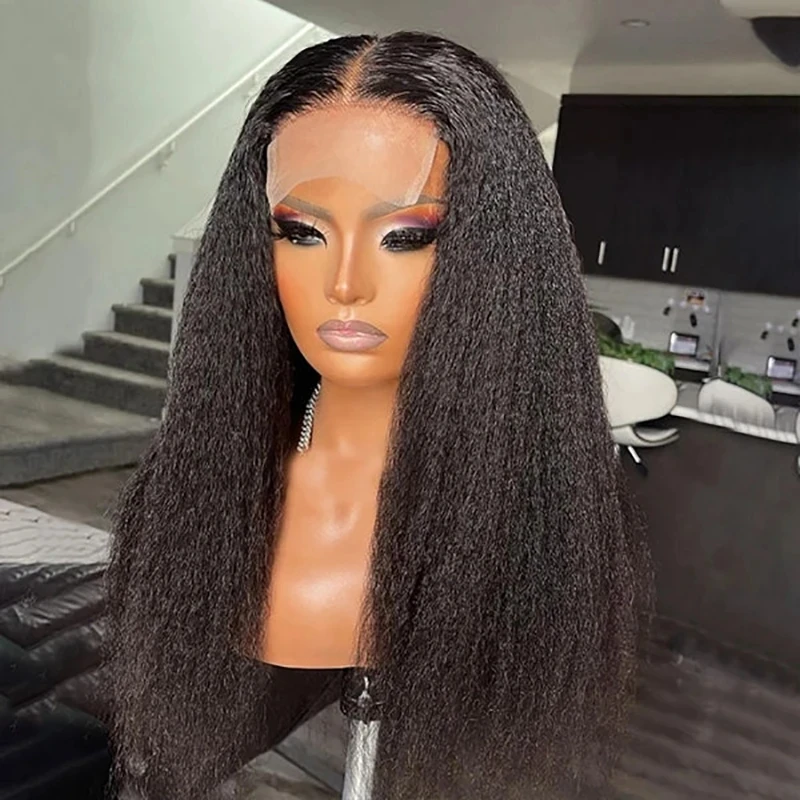 

Soft Black Yaki Kinky Straight Hair Wig For Women Natural Hairline Glueless Long 26 inch Kinky Straight Wig With Afro Baby Hair
