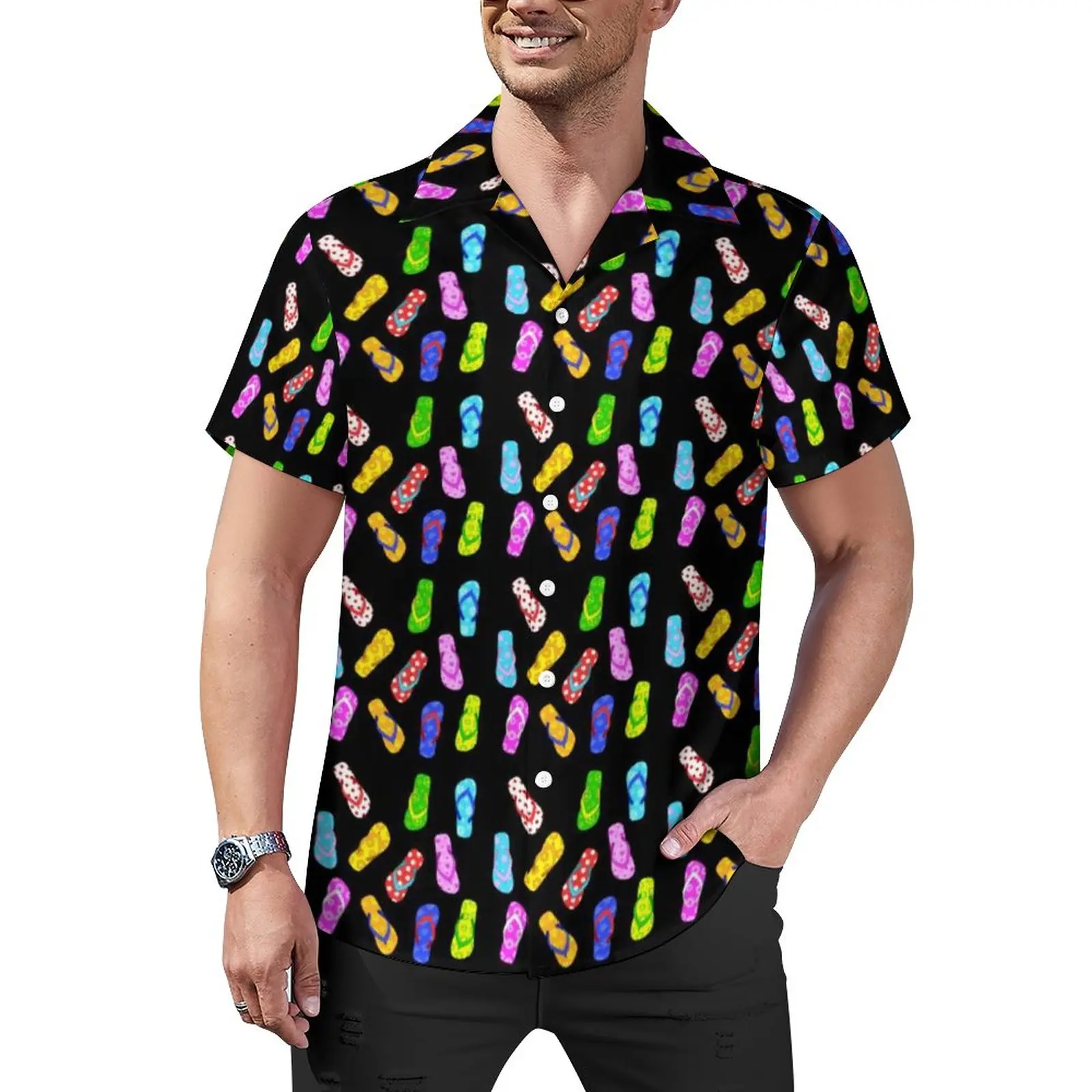 Summer Vacation Loose Shirt Vacation Flip Flop Pattern Black Casual Shirts Hawaii Pattern Short-Sleeve Trendy Oversized Blouses
Summer Vacation Loose Shirt Vacation Flip Flop Pattern Black Casual Shirts Hawaii Pattern Short-Sleeve Trendy Oversized Blouses