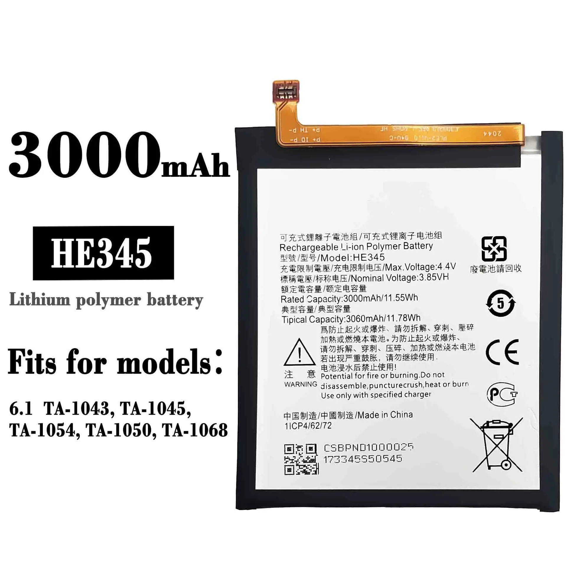 Lithium Li-Po 3.7V 3000mAh Battery HE345 For Nokia 6.1 TA-1073 TA-1045 TA-1054 TA-1050 TA-1068 Mobile Phone Batteries + Tools
Lithium Li-Po 3.7V 3000mAh Battery HE345 For Nokia 6.1 TA-1073 TA-1045 TA-1054 TA-1050 TA-1068 Mobile Phone Batteries + Tools