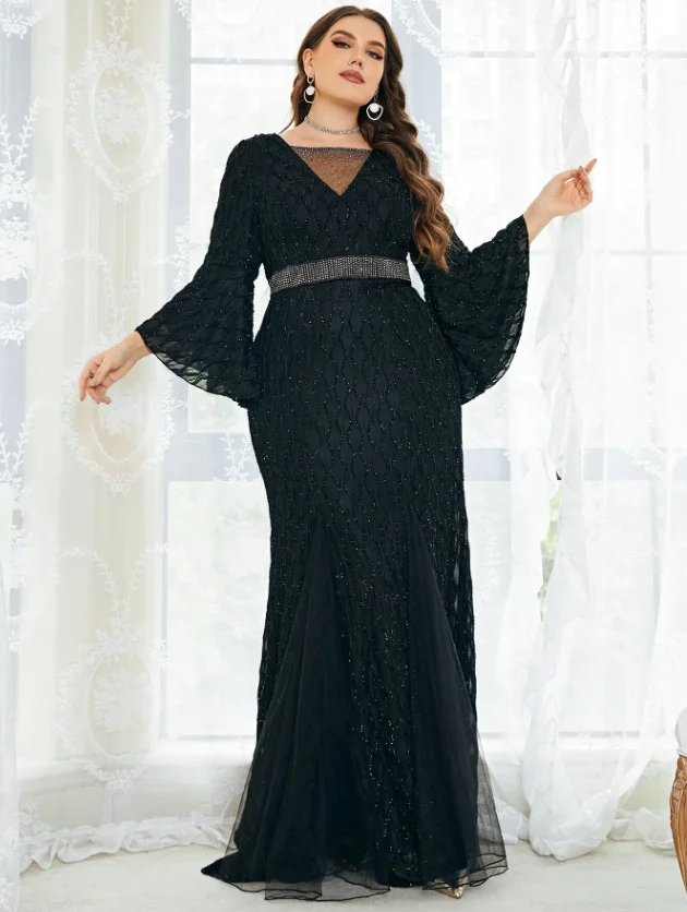 Plus Size Women Evening Dress Sequins Plaid Striped Mesh Splicing Elegant Dress Temperament Elegant Flared Sleeve Party Dresses
Plus Size Women Evening Dress Sequins Plaid Striped Mesh Splicing Elegant Dress Temperament Elegant Flared Sleeve Party Dresses
