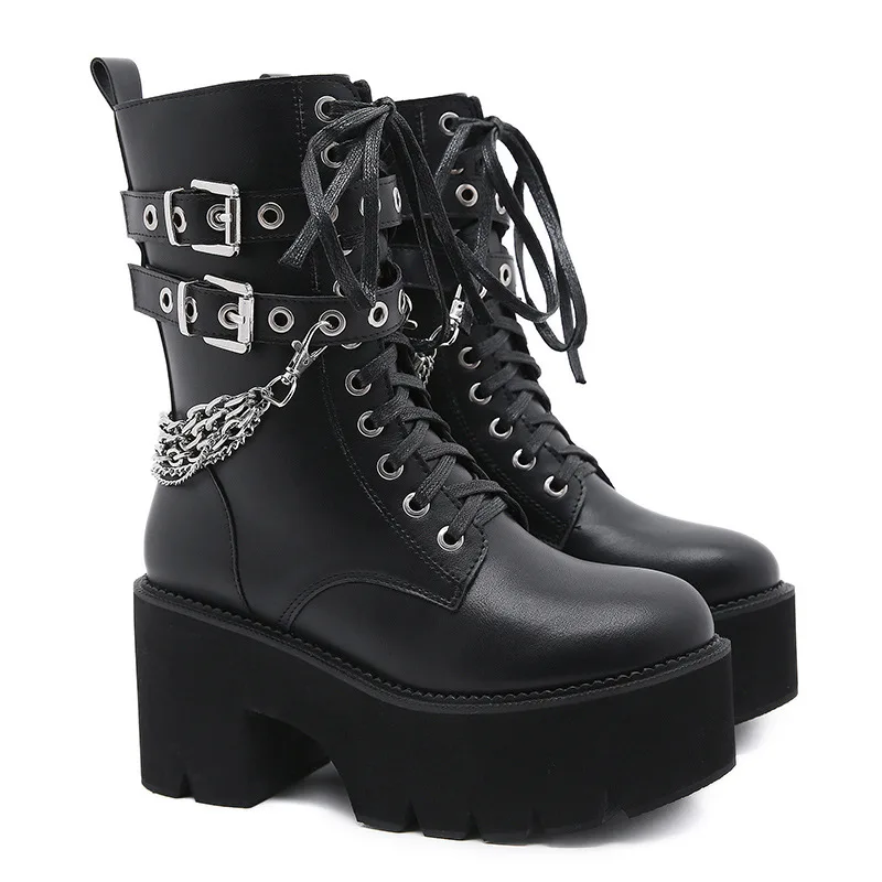 2022 Gothic Black Ankle Boots For Women 8CM Plus High Heel Female Shoes Lace-Up Nigh Club Black Sexy Chain Short Boots
2022 Gothic Black Ankle Boots For Women 8CM Plus High Heel Female Shoes Lace-Up Nigh Club Black Sexy Chain Short Boots