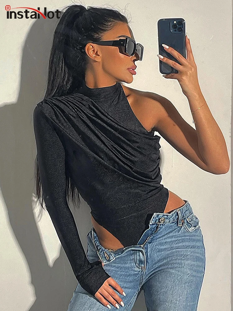 InstaHot Autumn Bodysuits For Women One-Shoulder Sleeve Stand Neck Folds Bodycon Office Lady Sexy Elegant Dailywear Asymmetrical 
InstaHot Autumn Bodysuits For Women One-Shoulder Sleeve Stand Neck Folds Bodycon Office Lady Sexy Elegant Dailywear Asymmetrical