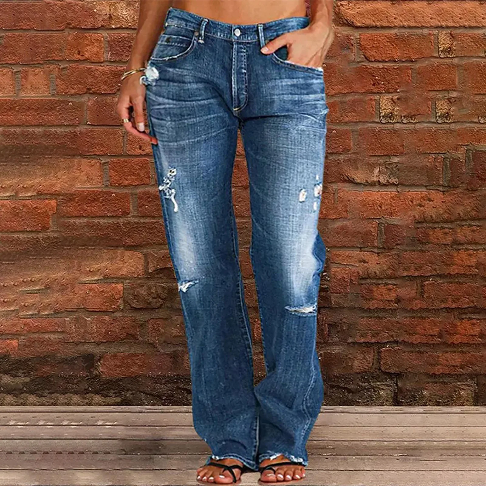 

Broken Straight Leg Jeans For Women High Waist Cargo Pants Ripped Hem Jeans Low Waist Stretch Jeans Pantalones De Mujer Y2K