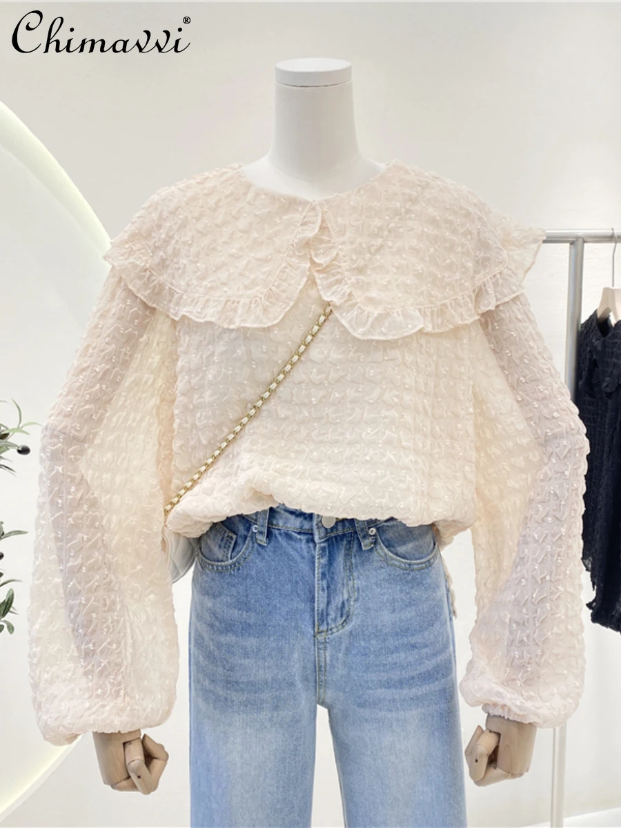 Korean Style Fashion Simple Pleated Doll Collar Loose Blouses Women's 2022 Spring Elegant Slimming Lapel Chiffon Lace Shirt Top
Korean Style Fashion Simple Pleated Doll Collar Loose Blouses Women's 2022 Spring Elegant Slimming Lapel Chiffon Lace Shirt Top