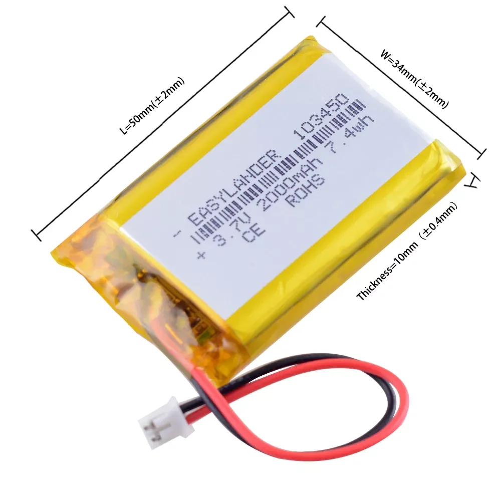3.7V 2000mAh 103450 Lipo Polymer Lithium Rechargeable Battery Navigator DVR GPS Camera JST PH 2.0mm 2pin PS4 LIP1522
3.7V 2000mAh 103450 Lipo Polymer Lithium Rechargeable Battery Navigator DVR GPS Camera JST PH 2.0mm 2pin PS4 LIP1522