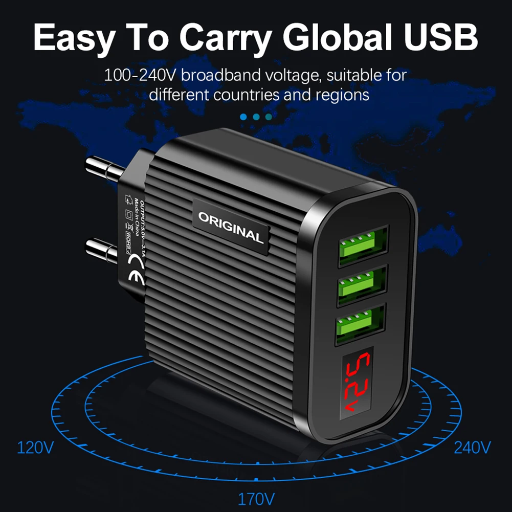 3USB Multi-Port Charger European and American Standard Charging Head 5V 3A For Smartphones/Digital products With Travel Working
3USB Multi-Port Charger European and American Standard Charging Head 5V 3A For Smartphones/Digital products With Travel Working