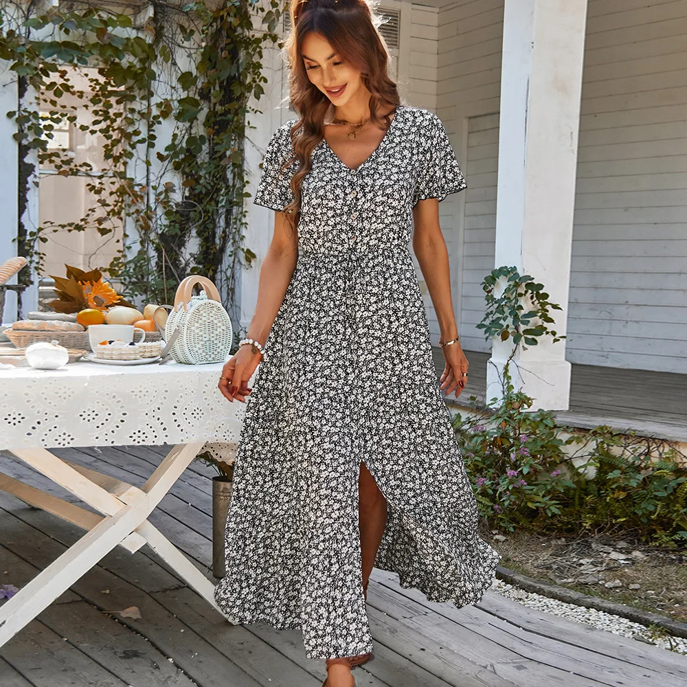 Женское платье с коротким рукавом и V-образным вырезом, с высокой талией
Женское платье с коротким рукавом и V-образным вырезом, с высокой талией