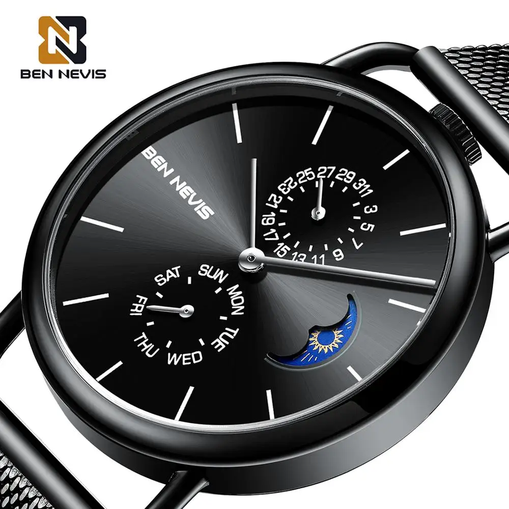 BEN NEVIS Mens Watches Top Brand Luxury Clock Date Week Display Fashion Moon Phase Thin Case Hommes Quartz Montres 
BEN NEVIS Mens Watches Top Brand Luxury Clock Date Week Display Fashion Moon Phase Thin Case Hommes Quartz Montres