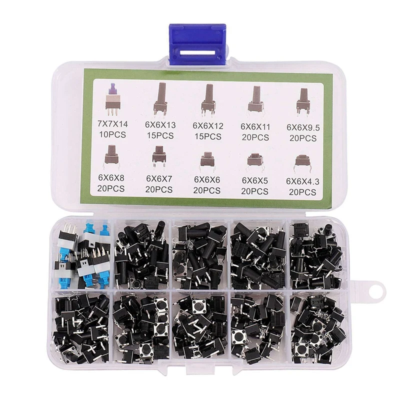 10 kinds Values 180PCS Tactile Push Button Switch micro-trigger Mini Momentary Tact Assortment
10 kinds Values 180PCS Tactile Push Button Switch micro-trigger Mini Momentary Tact Assortment