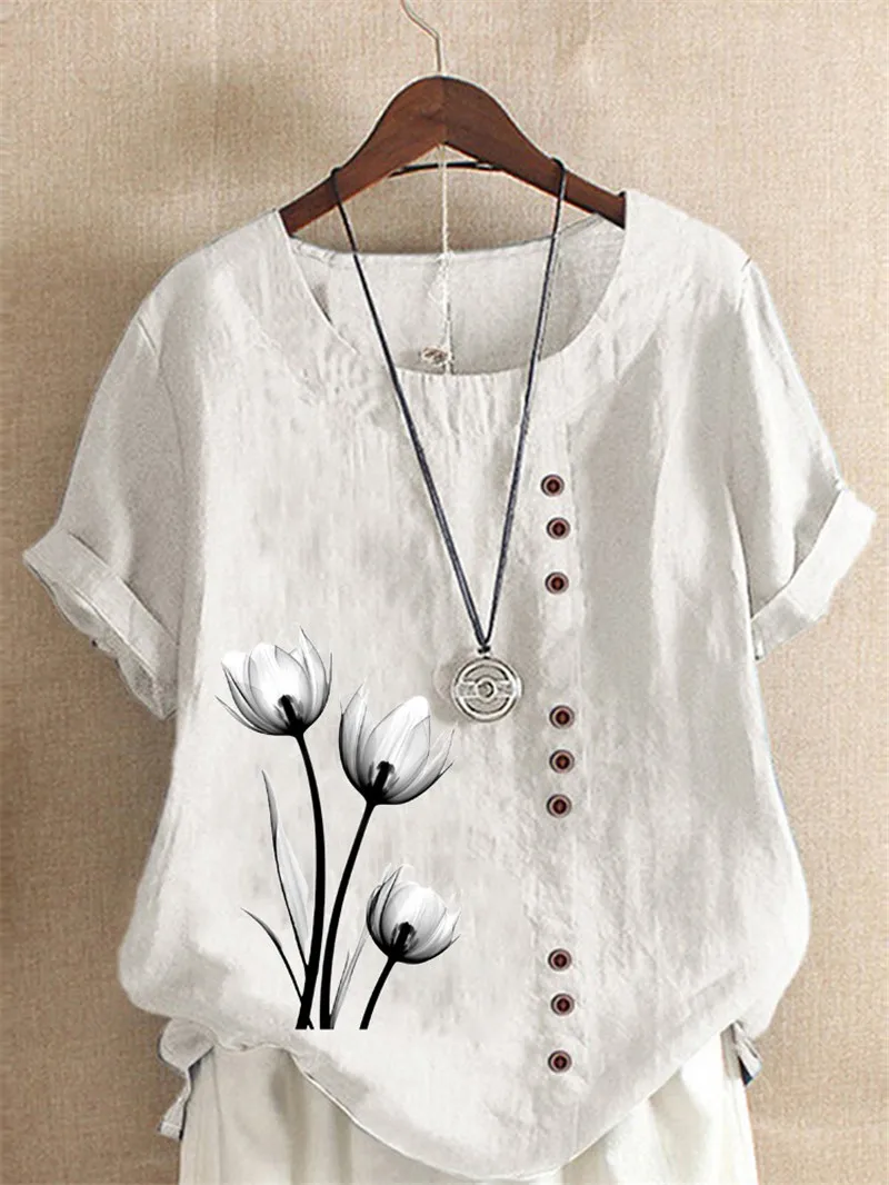 Vintage Flower Button Cotton Linen Shirt Summer Women Casual O-Neck Short Sleeve Pullover Tops Fashion Street Loose White Blouse
Vintage Flower Button Cotton Linen Shirt Summer Women Casual O-Neck Short Sleeve Pullover Tops Fashion Street Loose White Blouse