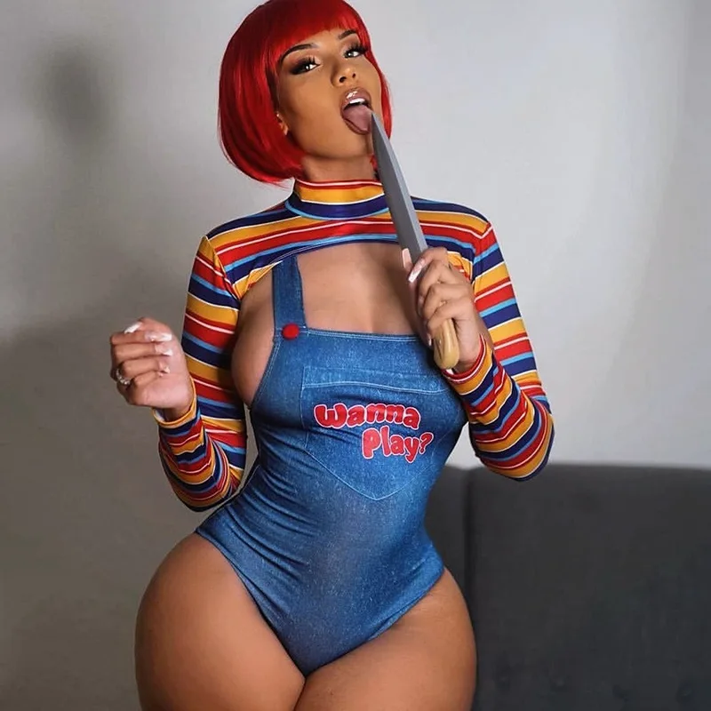 WeiYao 2023 Halloween Cosplay Party Sexy Bodysuit Striped Long Sleeve Two Piece Set Letter Printed Backless Bodysuit Playsuit 
WeiYao 2023 Halloween Cosplay Party Sexy Bodysuit Striped Long Sleeve Two Piece Set Letter Printed Backless Bodysuit Playsuit