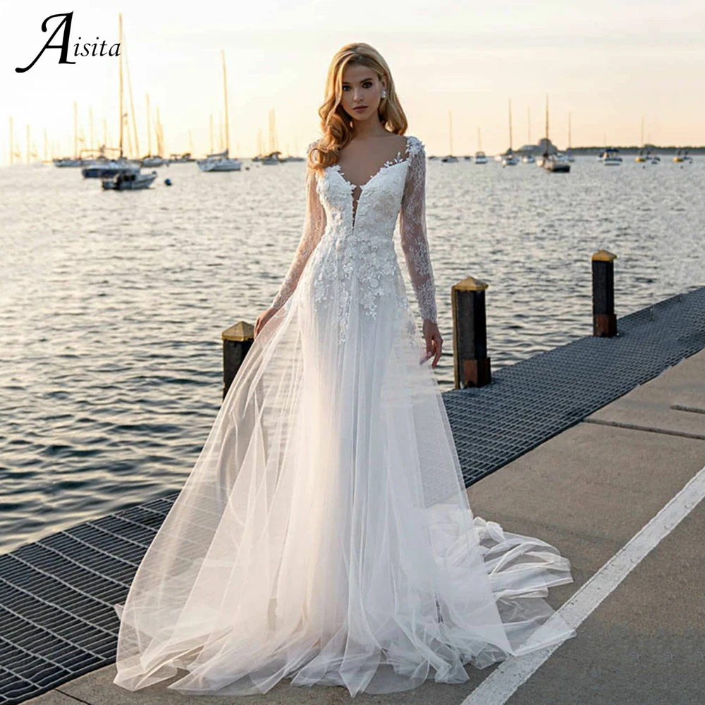 Boho Beach A-line Wedding Dress For Women Lace Appliques Sexy Illusion Long Sleeve Bride Dresses Bridal Gown Vestido De Novia
Boho Beach A-line Wedding Dress For Women Lace Appliques Sexy Illusion Long Sleeve Bride Dresses Bridal Gown Vestido De Novia