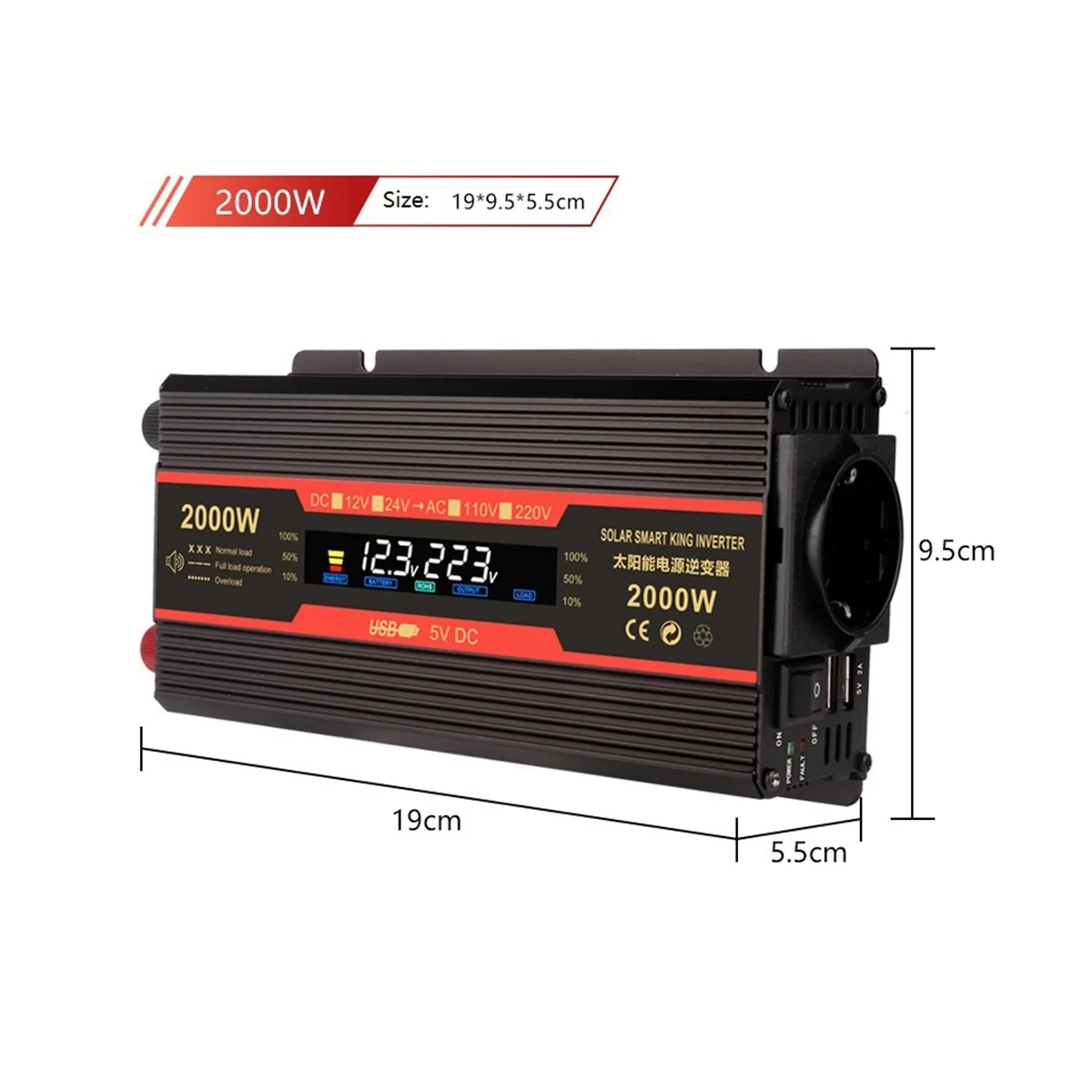 Intelligent Power Inverter 2000W DC 12V to AC 220V Transformer Car Household Inverter Solar Converter EU Plug
Intelligent Power Inverter 2000W DC 12V to AC 220V Transformer Car Household Inverter Solar Converter EU Plug