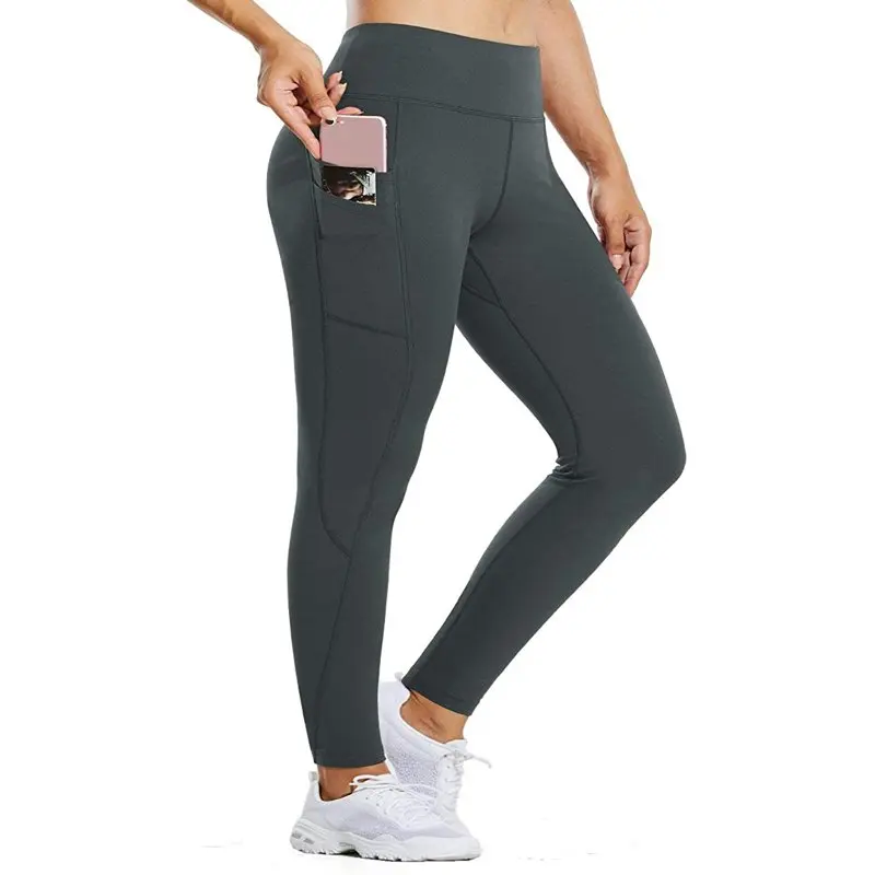 

HMCN Women`s Fleece Lined Water Resistant Legging High Waisted Thermal Winter Hiking Running Tights Pockets Light Grey Large