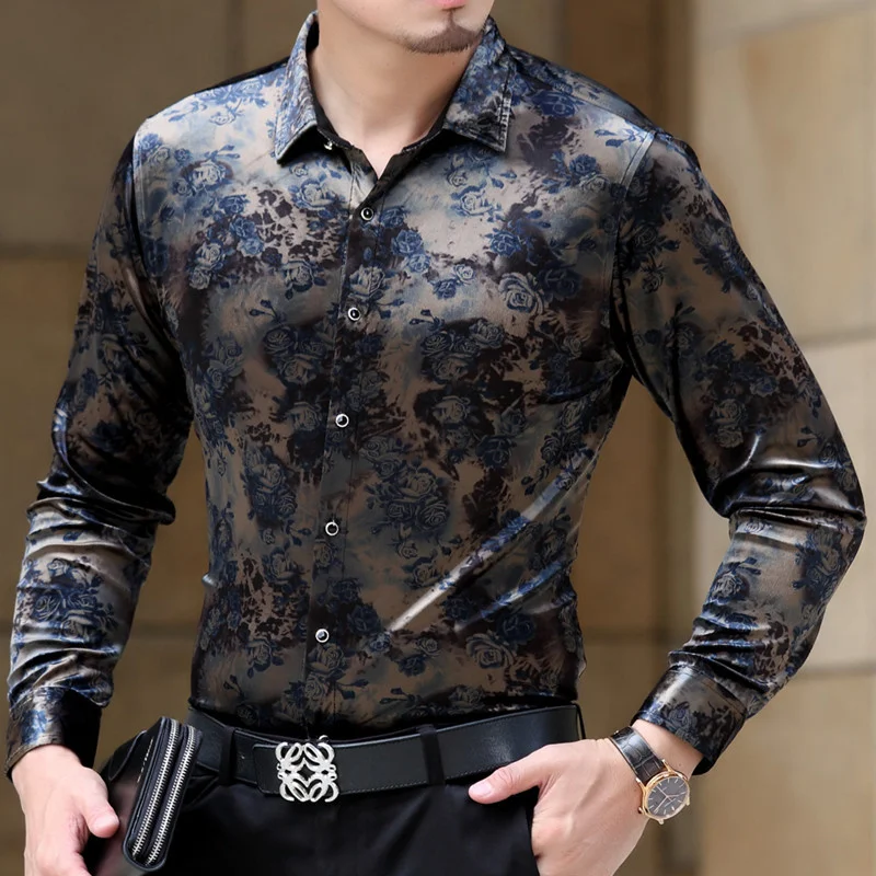 High Quality Autumn Men's Long Sleeved Spring Business Casual Shirt Flower Print Top Fashion Pleuche Silk Shirts Slim Fit 
High Quality Autumn Men's Long Sleeved Spring Business Casual Shirt Flower Print Top Fashion Pleuche Silk Shirts Slim Fit