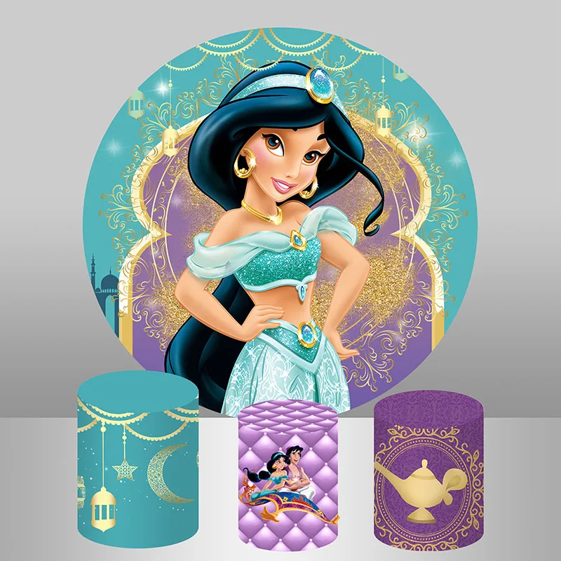 

Aladdin Princess Jasmine Circle Photo Backdrop Girls Birthday Photo Backdrop Disney Theme Round Cylinder Cover Decorations Prop