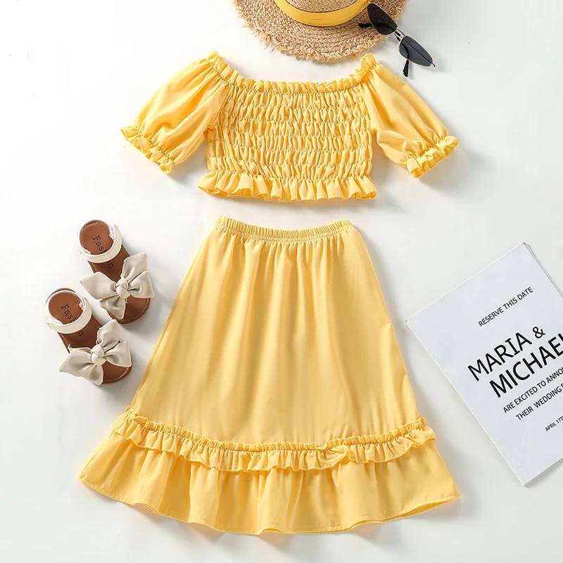 

Summer KidsGirls Outfits Solid Color Short Sleeve Off Shoulder Pleated Crop Tops + Ruffles Long Skirt 2pcs Clothes Sets for 2-7Y