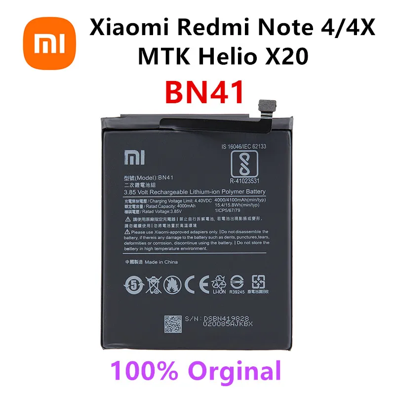 Xiao mi 100% Orginal BN41 4100mAh Battery For Xiaomi Redmi Hongmi Note 4 / Redmi Note 4X MTK Helio X20 Batteries
Xiao mi 100% Orginal BN41 4100mAh Battery For Xiaomi Redmi Hongmi Note 4 / Redmi Note 4X MTK Helio X20 Batteries