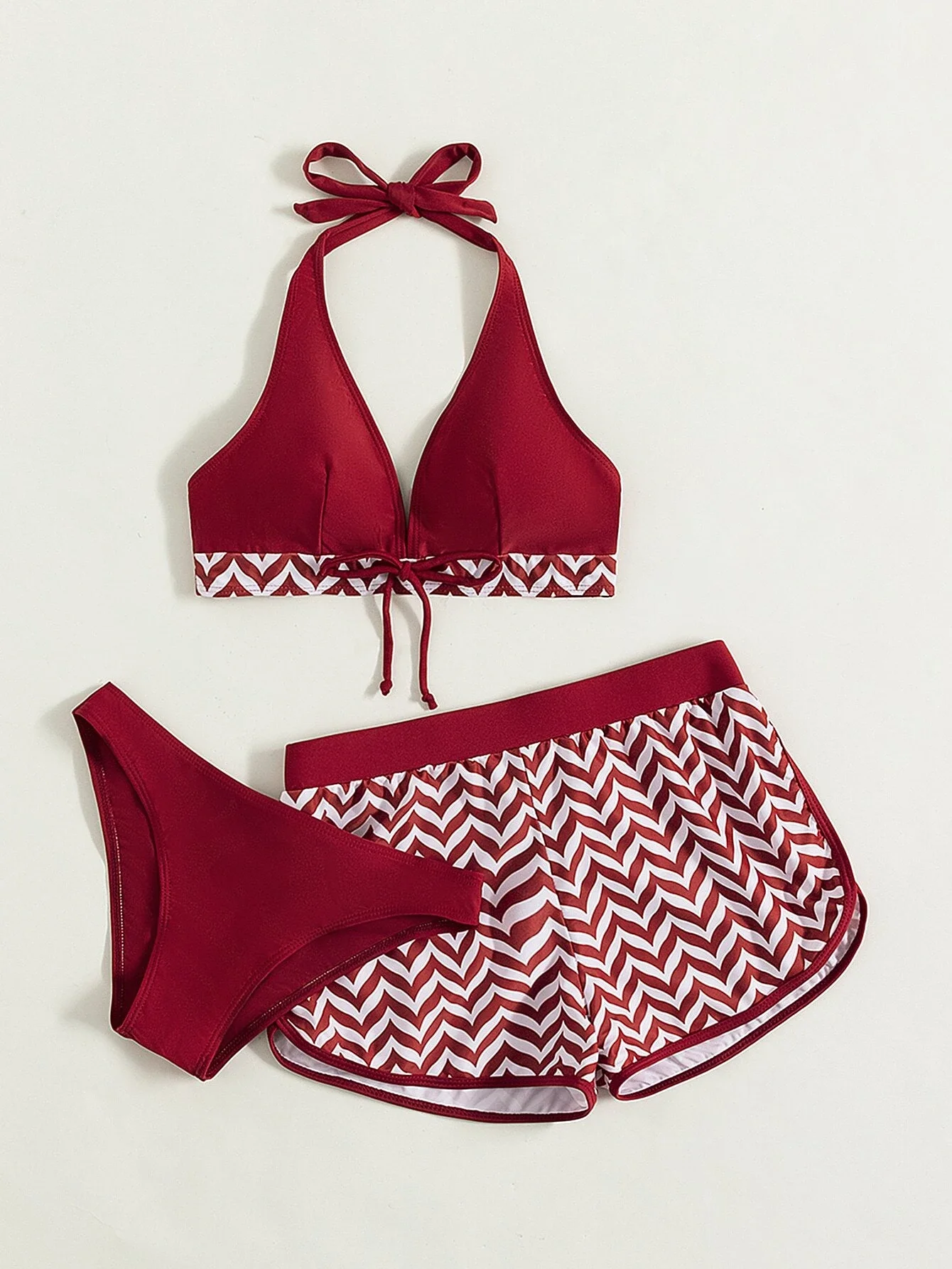 

3pack Chevron Stripe Halter Bikini Swimsuit & Swim Shorts