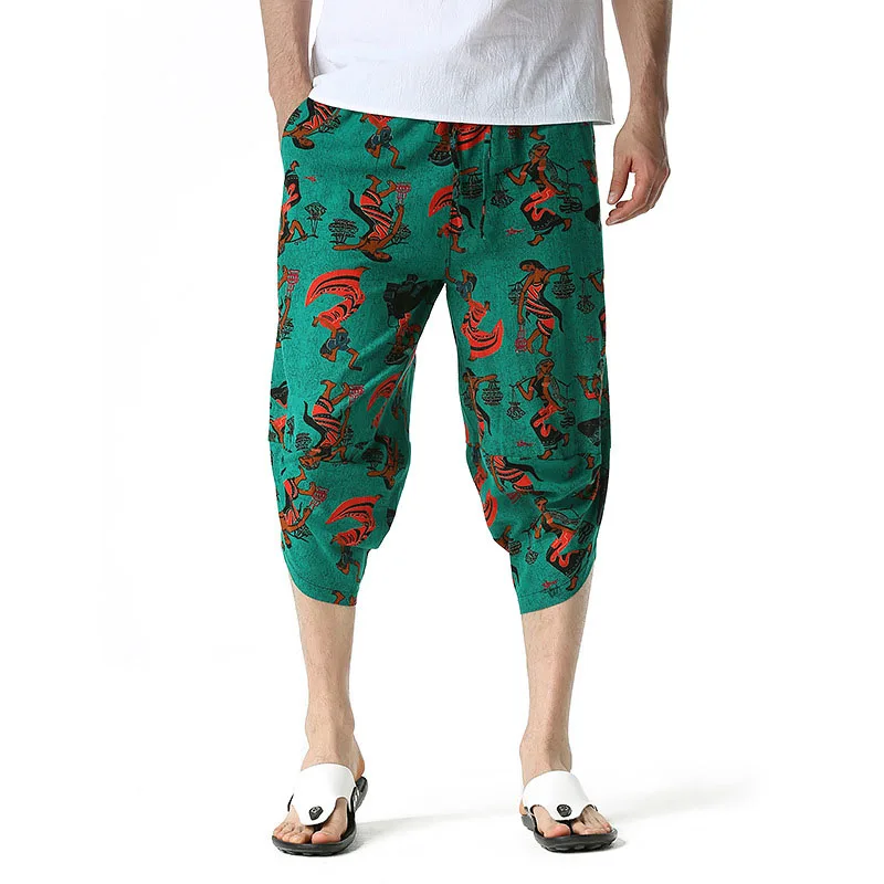 

Mens Ethnic Retro 3/4 Capri Pants Tribal Print Cotton Harem Pants Male Loose Casual Beach Yoga Calf Length Sports Trousers 3XL