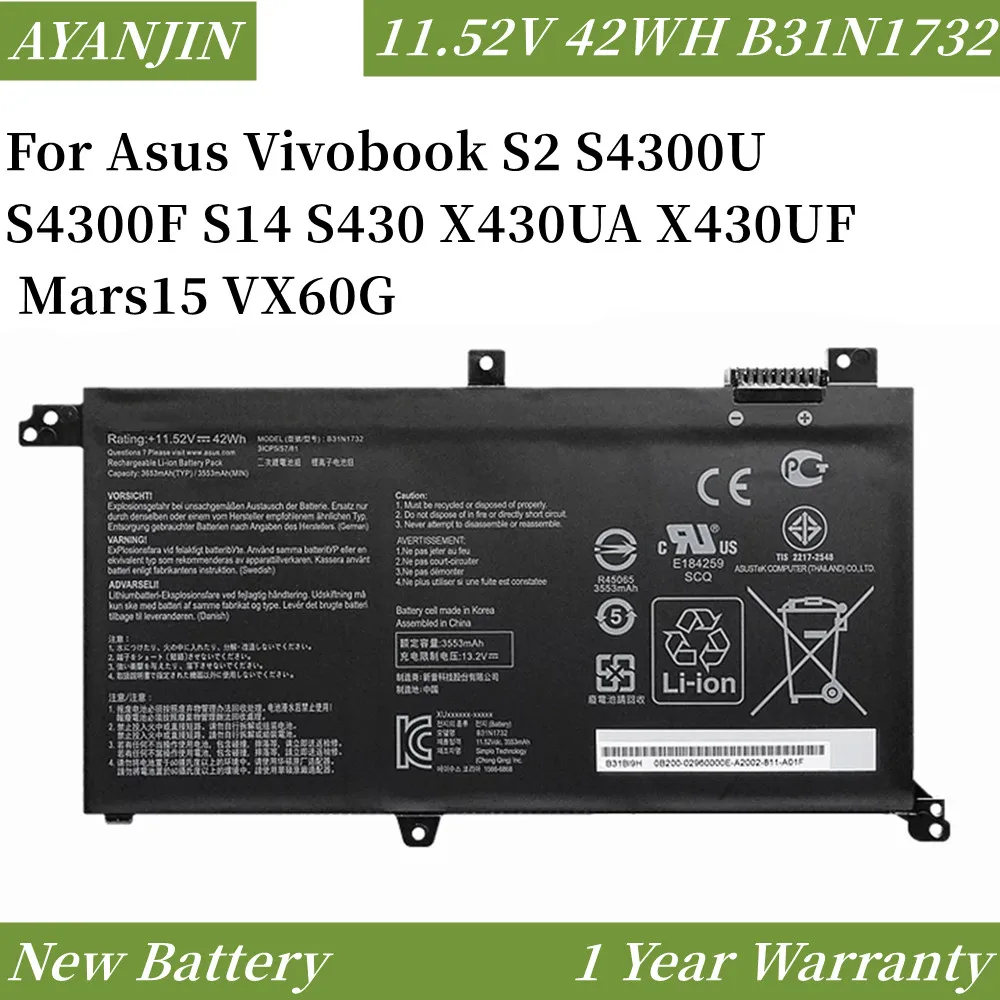 

NEW B31N1732 B31BI9H 11.52V 3653mAh/42WH Laptop Battery For Asus Vivobook S2 S4300U S4300F S14 S430 X430UA X430UF Mars15 VX60G