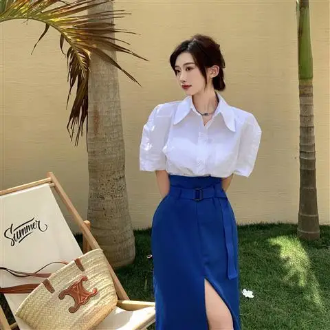2022 Summer Women New Korean Suits Female Lapel Short Sleeve Shirts and High Waist Slim Split Skirts Ladies Two Piece Sets Y126
2022 Summer Women New Korean Suits Female Lapel Short Sleeve Shirts and High Waist Slim Split Skirts Ladies Two Piece Sets Y126