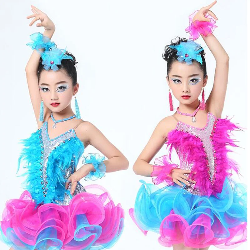 

Girls Jazz dancewear costume Kids Modern Latin Sequined Ballroom Party Dancing Dress Child Dancing tutu dress clothes For Girls