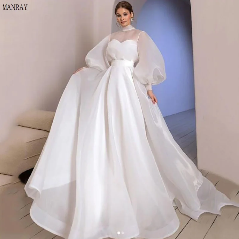 

MANRAY Elegant Halter Puff Sleeve Neck Organza Wedding Dress 2023 Wedding Bride Gown Simple and Clean Vestido De Novia Custom