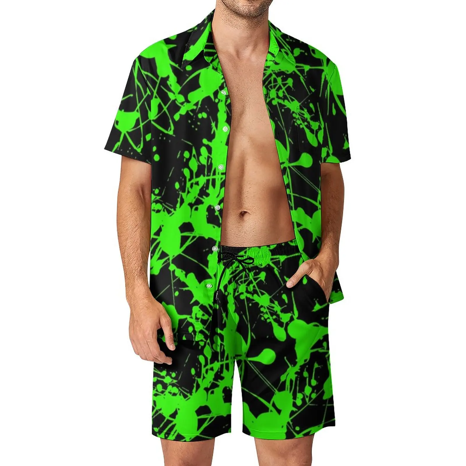 

Green Splash Men Sets Abstract Print Casual Shorts Summer Vintage Beach Shirt Set Short Sleeves Big Size Suit Gift Idea