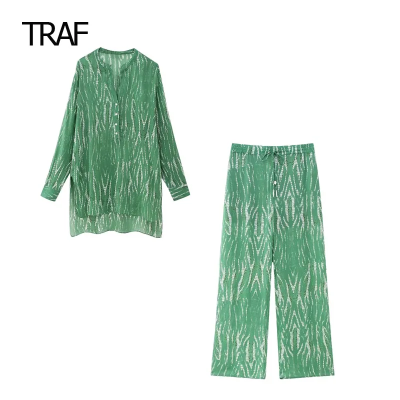 

Одежда для отдыха с принтом TRAF, летний наряд для женщин, комплект из брюк с эластичным поясом и длинным рукавом, наряды с пуговицами спереди, 2023