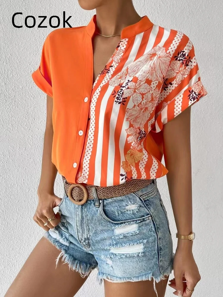 2023 New Summer Fashion Print Chiffon Shirt Loose V-neck Color Block Short Sleeve Womens Tops Elegant Women Blouse
2023 New Summer Fashion Print Chiffon Shirt Loose V-neck Color Block Short Sleeve Womens Tops Elegant Women Blouse