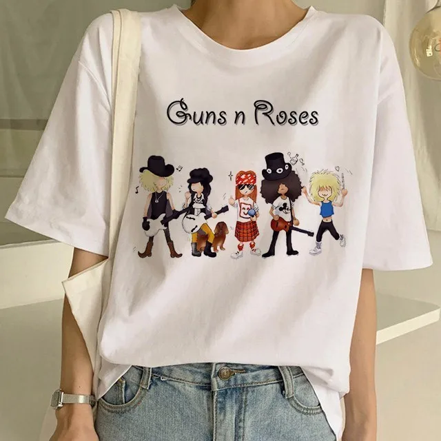 Модная футболка в стиле панк с принтом Guns N Roses Женская белая женские топы уличном