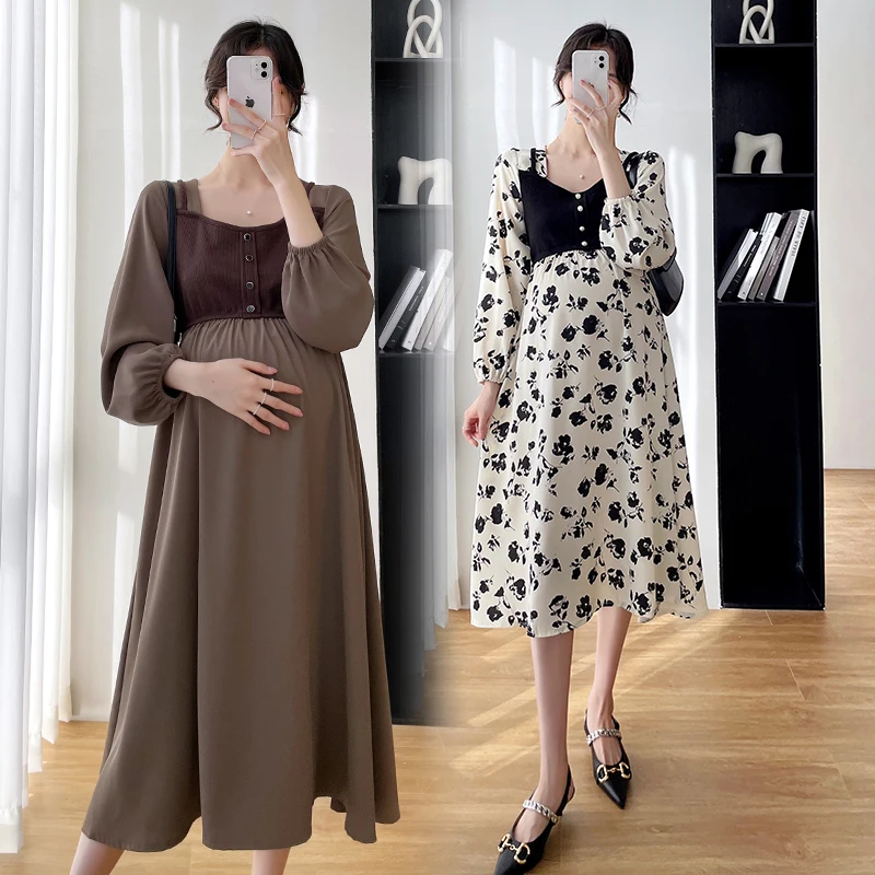 

1602# 2022 Spring New Korean Fashion Maternity Party Dress Chic Ins Elegant A Line Slim Clothes for Pregnant Women Pregnancy