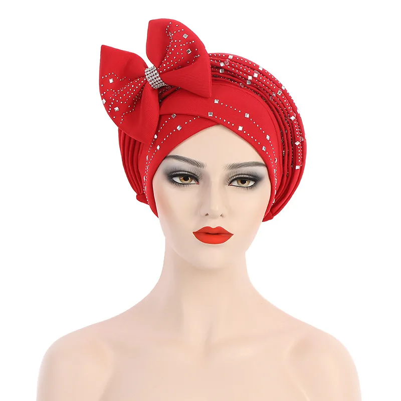 

Multilayer African Headtie Gele for Women Pre-Tied Bow-tie Turban Bonnet Glitter Crystal Wedding Party Nigerian Auto Gele