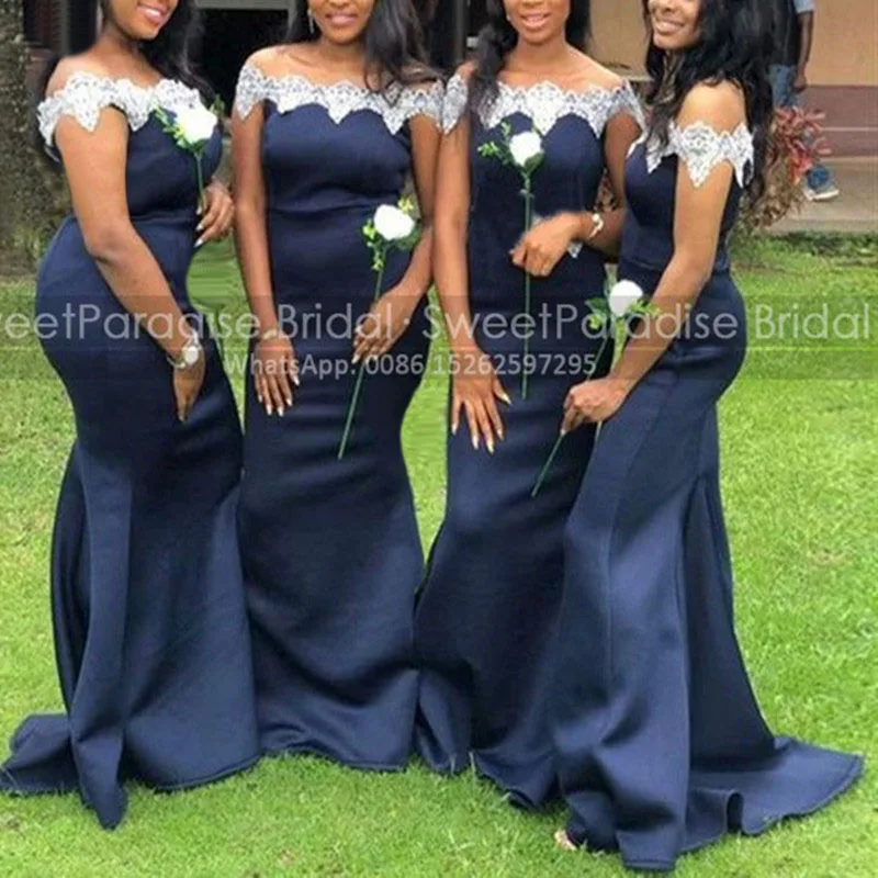 White Appliques Off Shoulder Mermaid Bridesmaid Dresses Long Navy Blue Satin African Women Trumpet Party Dress Maid Of Honor
White Appliques Off Shoulder Mermaid Bridesmaid Dresses Long Navy Blue Satin African Women Trumpet Party Dress Maid Of Honor